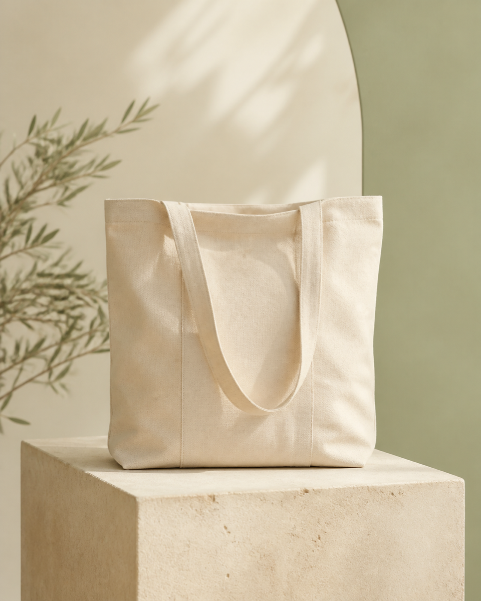 Natural canvas tote bag on a stone plinth