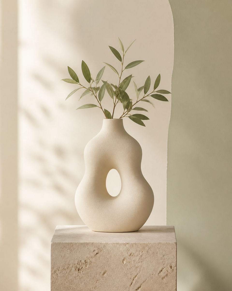 Ivory ceramic vase with a leafy stem on a stone plinth
